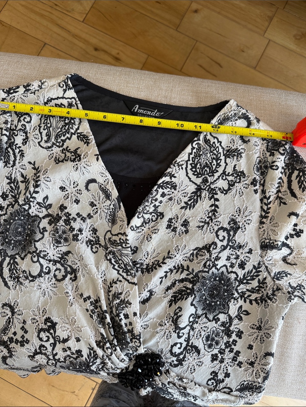 Black & Cream Lace Overlay Wrap Top dress. - Picture 8 of 12